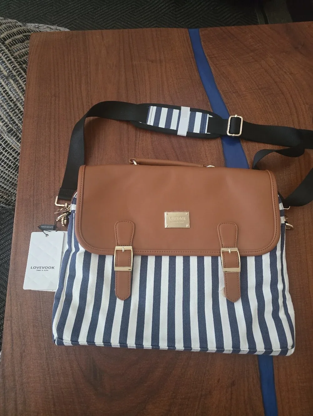 Lovevook Classic Striped Crossbody Bag - Brown, White & Navy